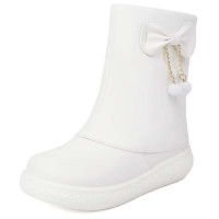 Round Toe Sweet Waterproof Ribbon Decorated Lolita Ankle Highs Flats Boots - White Faux Leather