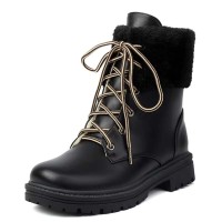 Round Toe Lace Up Fluffy Fur Winter Ankle Highs Boots - Black Faux Leather