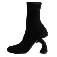 Round Toe Side Zipper Golden Strange Heels Ankle Highs Booties - Black Flock