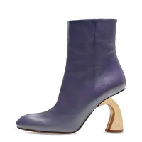 Round Toe Side Zipper Golden Strange Heels Ankle Highs Booties - Blue Leather
