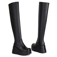 Round Toe Ovet The Knees Thigh High Platforms Wedges Boots - Black Faux Leather