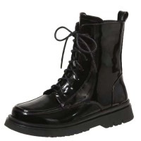 Round Toe Classic Ankle Highs Autumn Winter Motorcycle Riding Boots - Black Patent