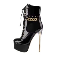 Round Toe Transparent Stiletto Heels Platforms Metal Chain Zipper Booties - Black Patent