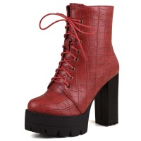 Square Toe Lace Up Platforms Crocodile Pattern Chunky Heels Ankle Highs Boots - Wine Red Faux Leather