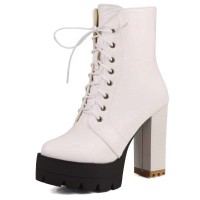 Square Toe Lace Up Platforms Crocodile Pattern Chunky Heels Ankle Highs Boots - White Faux Leather