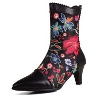 Pointed Toe Kitten Heels Ankle Highs Flower Decorated Vintage Style Short Boots - Black Faux Leather