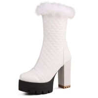 Round Toe Chunky Heels Platforms Winter Style Faux Fur Boots - White Faux Leather