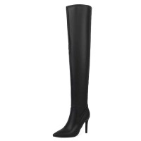 Pointed Toe Stiletto Heels Knee Highs Elegant Boots - Black Faux Leather