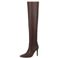 Pointed Toe Stiletto Heels Knee Highs Elegant Boots - Brown Faux Leather