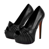 Peep Toe Stiletto Platform Pumps with Knot Feature - Black PU