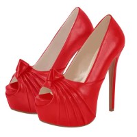 Peep Toe Stiletto Platform Pumps with Knot Feature - Red PU