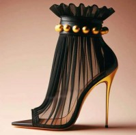 Black Mesh Gold Studded Faux Leather Ankle Strap Heels