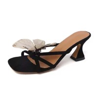 Square Open Toe Butterfly Decorated Chunky Heels Sandals Slippers - Black Flock