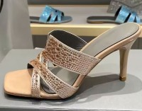Summer Slipper  Peep Toe Slides Crystal Bling Square SingleSole Heels
