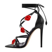 Pointed Open Toe Stiletto Heels Ankle-Wrap Lace Up Flowers Sandals - Black Faux Leather