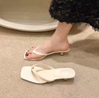 Square Toe Flip-Flop Sandals - Beige White