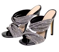 Round Toe Stiletto Mules Single Sole Sandals with Rhinestones - Silver Black