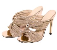 Round Toe Stiletto Mules Single Sole Sandals with Rhinestones - Rose Gold