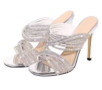 Round Toe Stiletto Mules Single Sole Sandals with Rhinestones - Silver