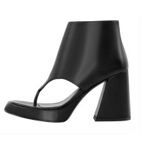 Square Toe Flip-Flop Chunky Ankle Sandals with Side Zipper - Matte  Black