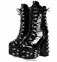 Ankle High Square Heel Faux Leather Platform Boots - Black Patent