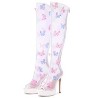 Butterfly Air Mesh Platform Over The Knee Stiletto Peep Toe Boots with Back Zipper - Clear with Blue and Pink