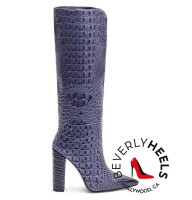 Pointed Toe Chunky Heels Crocodile Print Knee Highs Boots - Violet