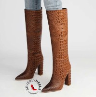Pointed Toe Chunky Heels Crocodile Print Knee Highs Boots - Brown