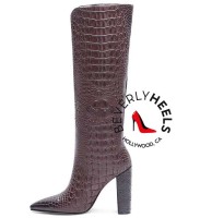 Pointed Toe Chunky Heels Crocodile Print Knee Highs Boots - Dark Brown