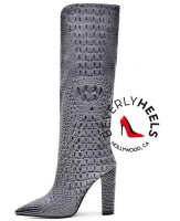 Pointed Toe Stiletto Heels Gradient Rhinestone Pleated Knee Highs Boots - Gray