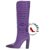 Pointed Toe Chunky Heels Crocodile Print Knee Highs Boots - Purple