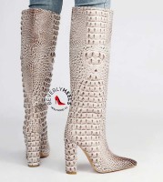 Pointed Toe Stiletto Heels Gradient Rhinestone Pleated Knee Highs Boots - Off-White