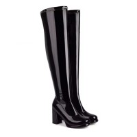 Pointed Toe Chunky Heels Zipper Over The Knee Thigh High Boots - Black Faux Leather