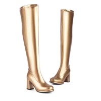 Pointed Toe Chunky Heels Zipper Over The Knee Thigh High Boots - Gold Faux Leather