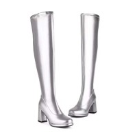 Pointed Toe Chunky Heels Zipper Over The Knee Thigh High Boots - Silver Faux Leather