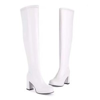 Pointed Toe Chunky Heels Zipper Over The Knee Thigh High Boots - White Faux Leather