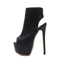 Peep Toe Platforms Ankle Highs Breathable Zipper Booties - Black Faux Leather
