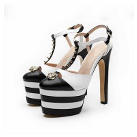 T-Strap Striped Gladiator Rivet Platform Sandals - Black and White