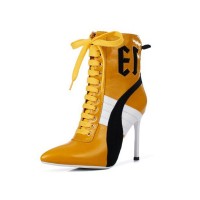 Stiletto Heels Pointed Toe Sports Sneakers Lace Up Booties - Yellow
