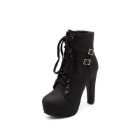 Cuban Heels Platform Buckle Lace Up Motorcycle Ankle Boots - Black