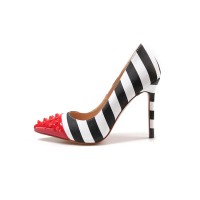 Halloween Cruella Beetlejuice Zebra Stripe Red Pointed Rivet Toe Stiletto 3.93 Heels