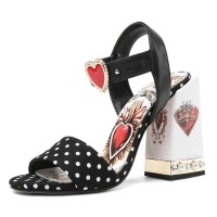 Peep Toe Polka Dots Red Heart Chunky Heels Gothic Ankle Buckle Straps Sandals - Black Leather