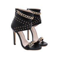 Ankle Rivet Chain Decoration Peep Toe Sandals and Back Zipper - Black