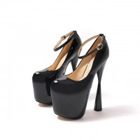 High Heels Semi Cone Round Toe Summer Platform Party Pumps with Ankle Strap - Black