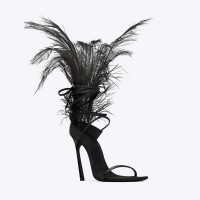 Ostrich Feather Stiletto Sandals with Ankle Straps - Black Feathers