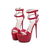 Round Toe Spring and Summer Double-Anklestrap Platform Stilettos - Red