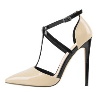 Pointed Toe Ankle Buckle T Straps Stiletto Heels Pumps - Beige Patent