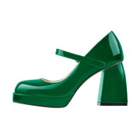 Square Toe Low Platforms Chunky Heels Mary Janes School Style Pumps - Green Patent