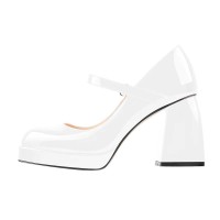 Square Toe Low Platforms Chunky Heels Mary Janes School Style Pumps - White Patent