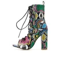 Peep Toe Air Ankle Lace Up Gladiator Snake Print Chunky Heels